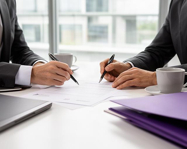 Two business partners signing a contract across a meeting table in a bright St Albans office
