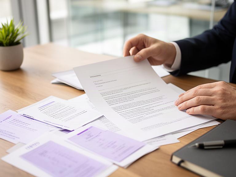 Legal adviser reviewing a contract and privacy notes at a wooden desk in a bright office