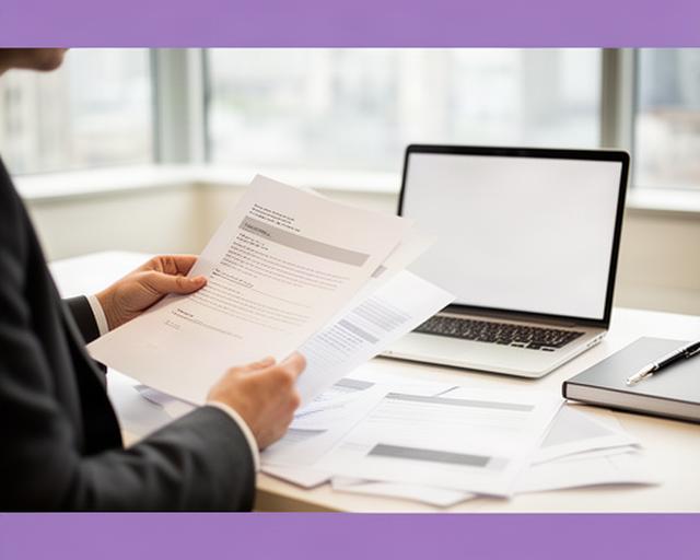 Legal professional reviewing printed contract pages beside a laptop in a bright office