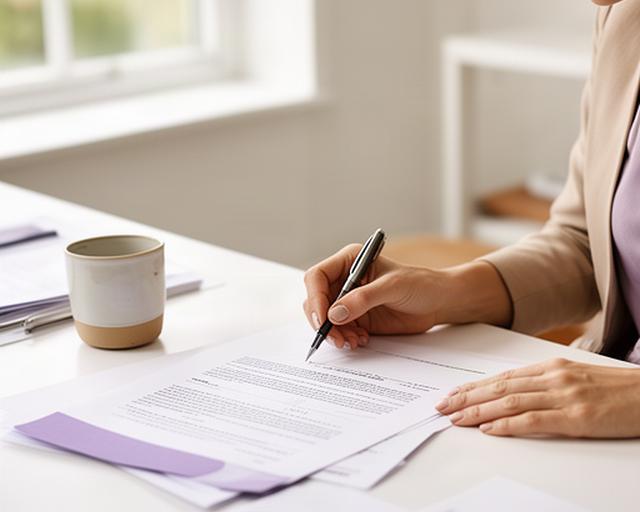 Individual signing a contract at a bright desk with a solicitor's notes beside the document