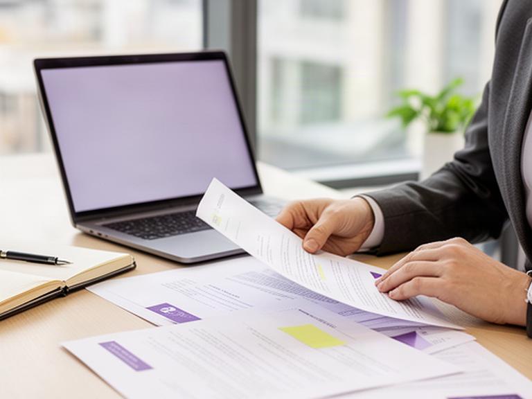 Solicitor reviewing a marked-up contract beside a laptop and notebook in a bright St Albans office