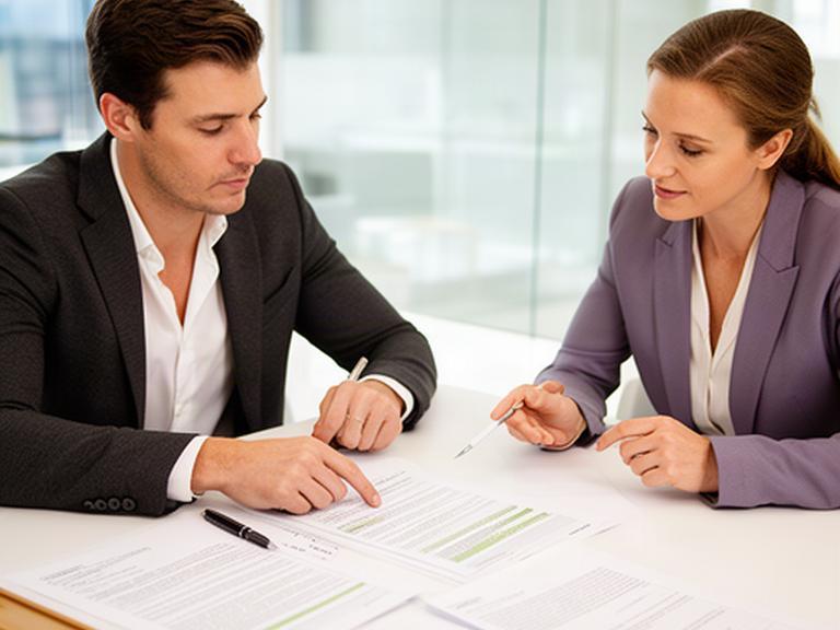 Commercial solicitor reviewing a marked-up business contract with a client at a bright meeting table