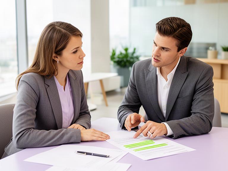 Solicitor and client reviewing a marked contract at a bright meeting table